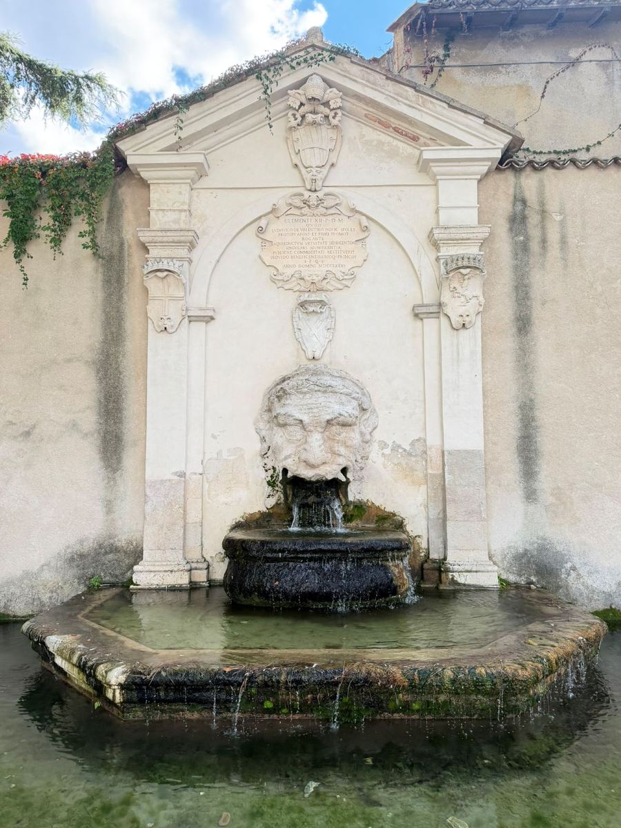 A carved stone fountain with a grotesque mask spouting water into a basin, Spoleto