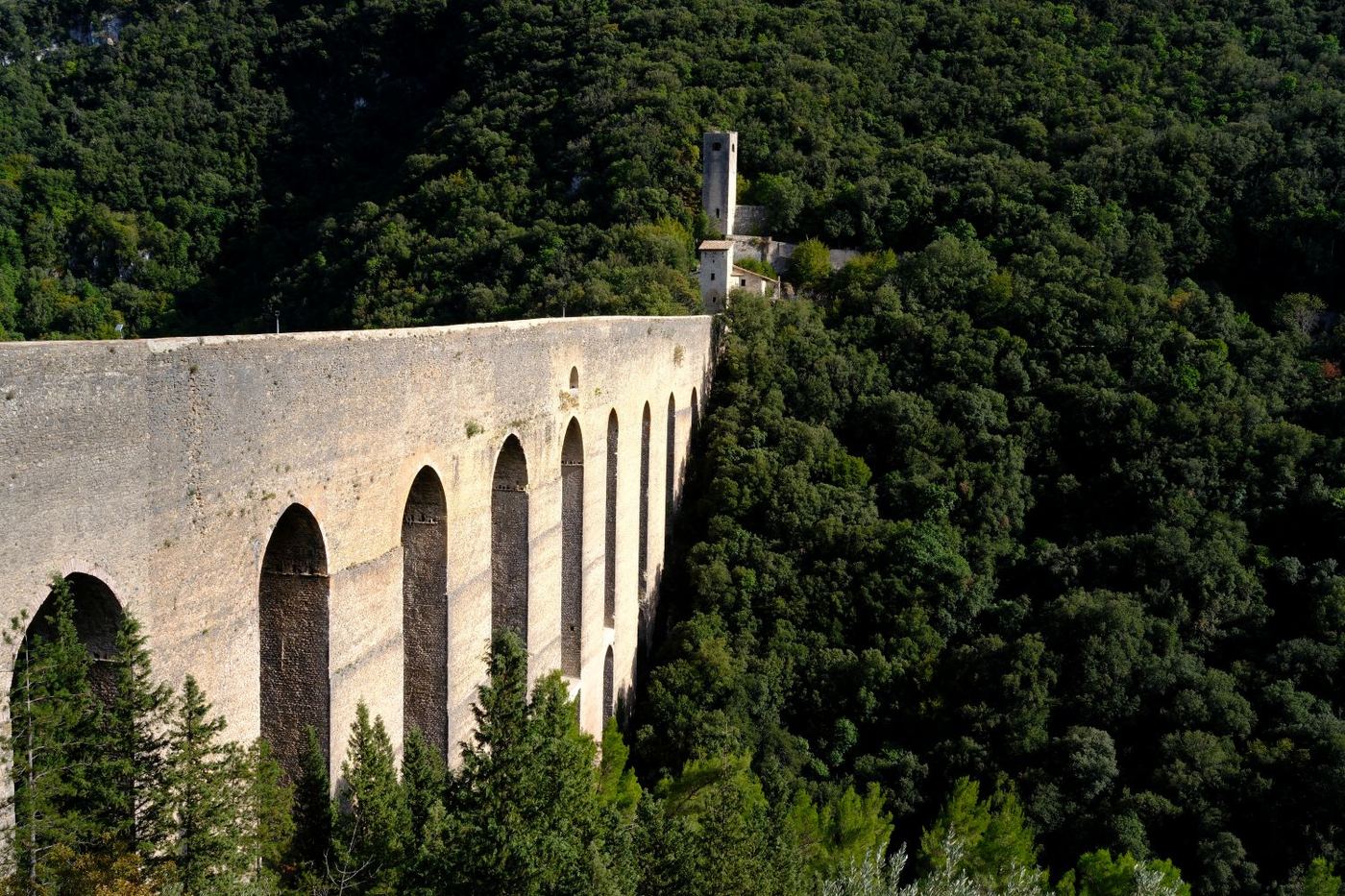 The tall pointed arches of the Ponte delle Torri against the wooded slopes of Monteluco